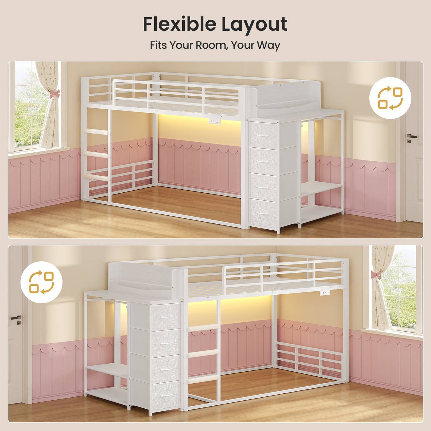 ADORNEVE Bunk Bed Twin Over Twin with Bookshelf and 4 Storage Drawers Clothing Shelves Metal Kids RGB Lights Bunk Bed with Power Outlet and Guardrail Ladder
