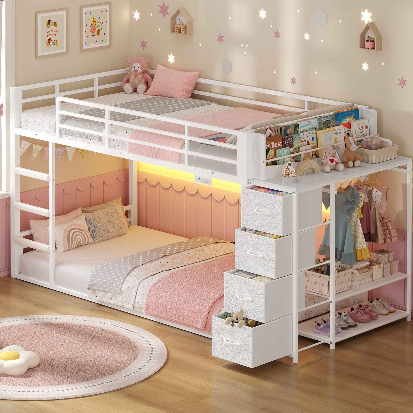ADORNEVE Bunk Bed Twin Over Twin with Bookshelf and 4 Storage Drawers Clothing Shelves Metal Kids RGB Lights Bunk Bed with Power Outlet and Guardrail Ladder