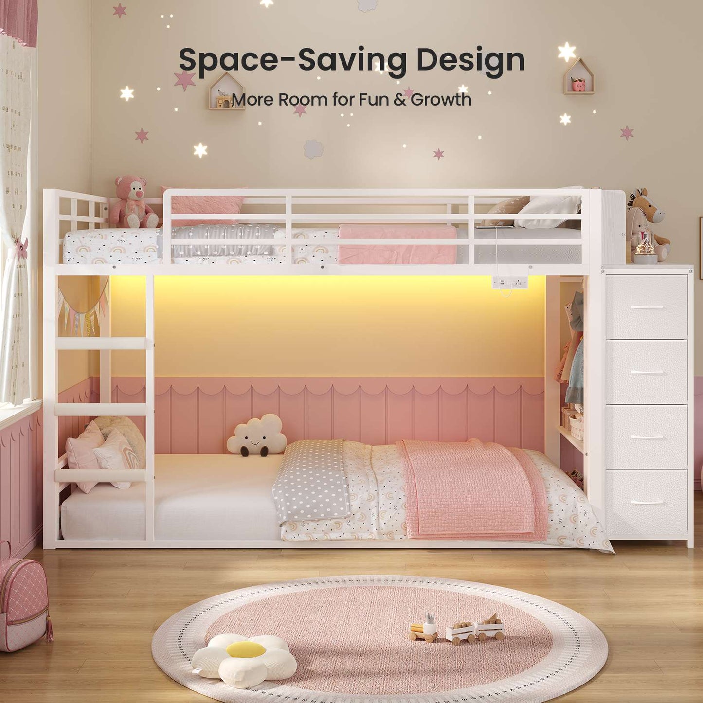ADORNEVE Bunk Bed Twin Over Twin with Bookshelf and 4 Storage Drawers Clothing Shelves Metal Kids RGB Lights Bunk Bed with Power Outlet and Guardrail Ladder