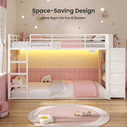 ADORNEVE Bunk Bed Twin Over Twin with Bookshelf and 4 Storage Drawers Clothing Shelves Metal Kids RGB Lights Bunk Bed with Power Outlet and Guardrail Ladder