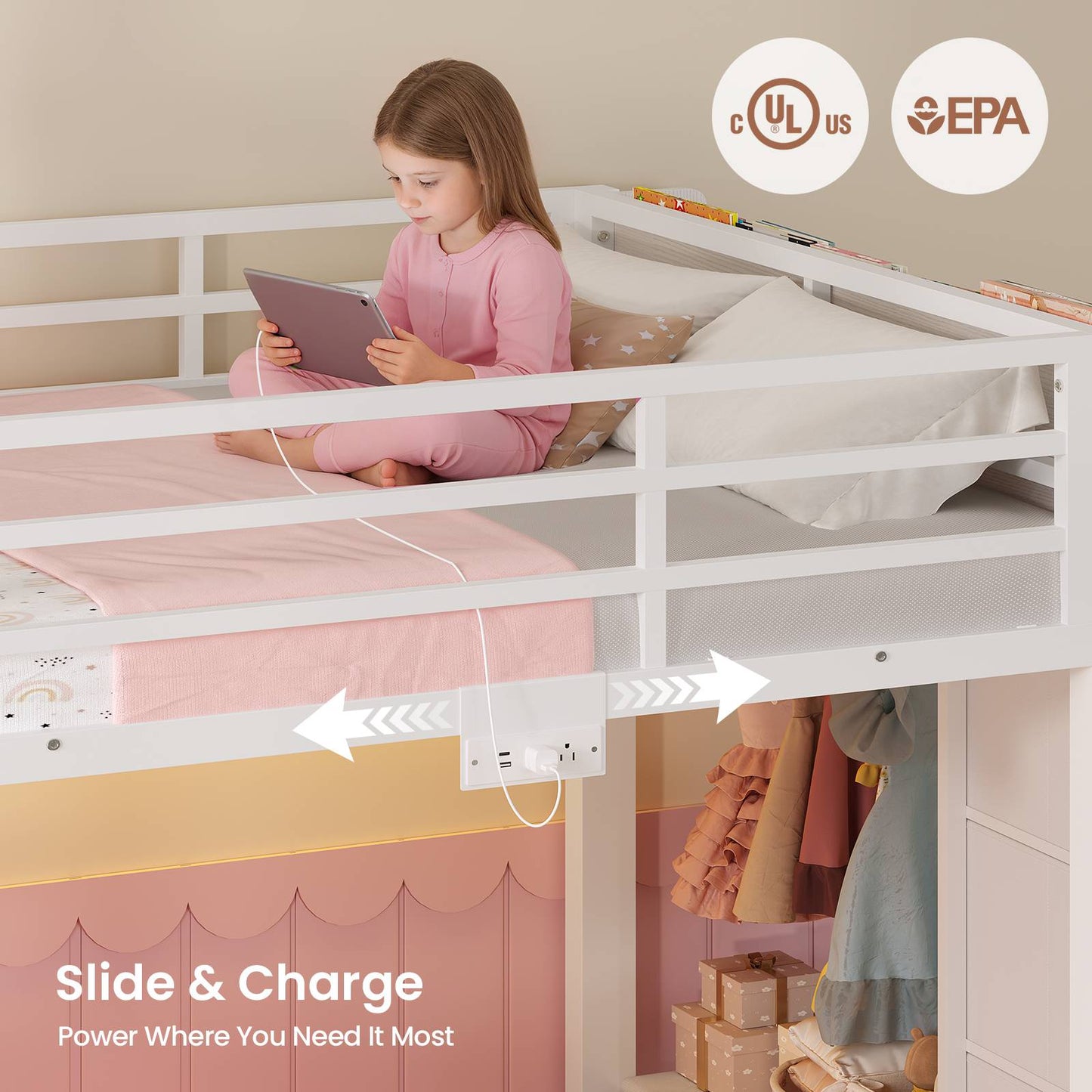 ADORNEVE Bunk Bed Twin Over Twin with Bookshelf and 4 Storage Drawers Clothing Shelves Metal Kids RGB Lights Bunk Bed with Power Outlet and Guardrail Ladder