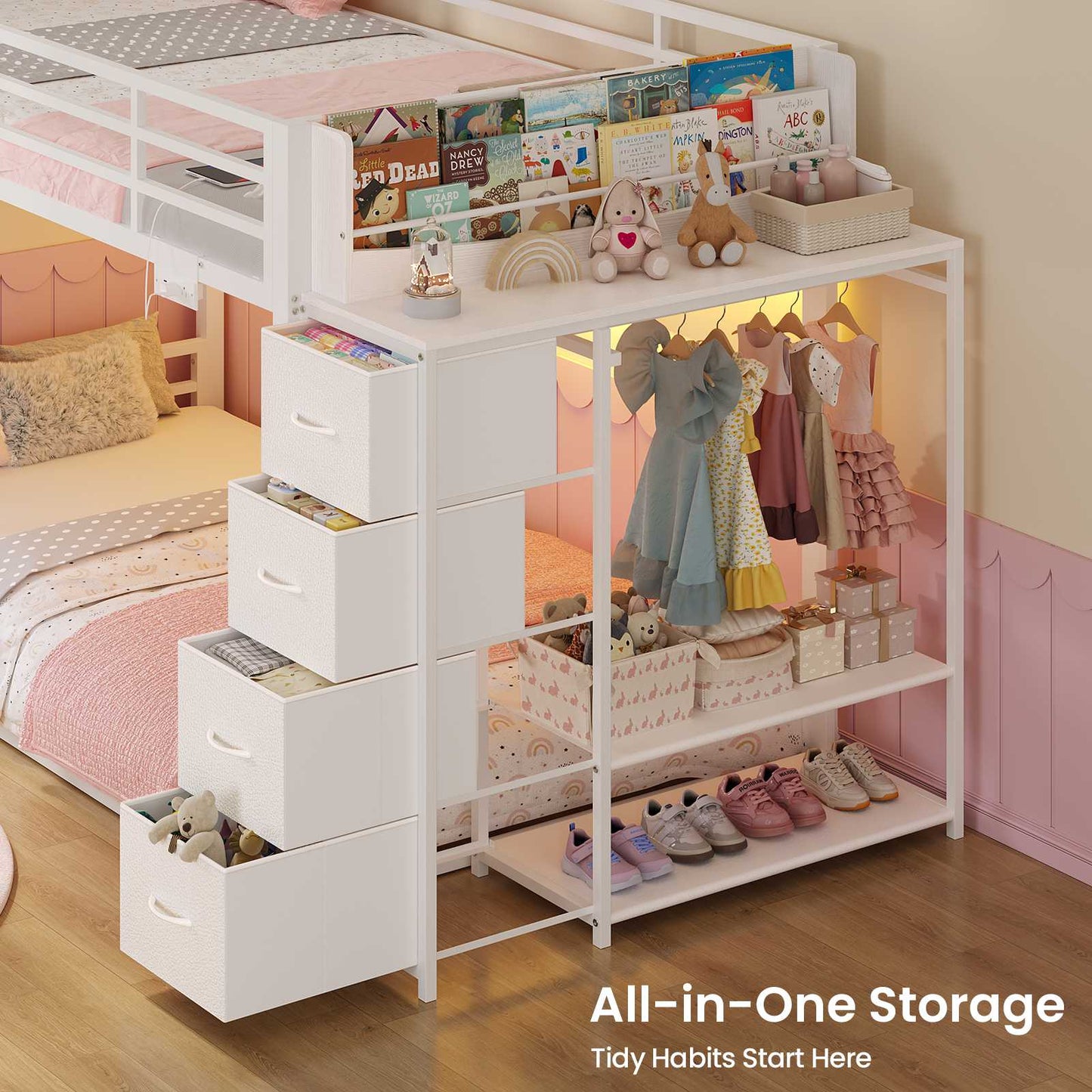 ADORNEVE Bunk Bed Twin Over Twin with Bookshelf and 4 Storage Drawers Clothing Shelves Metal Kids RGB Lights Bunk Bed with Power Outlet and Guardrail Ladder
