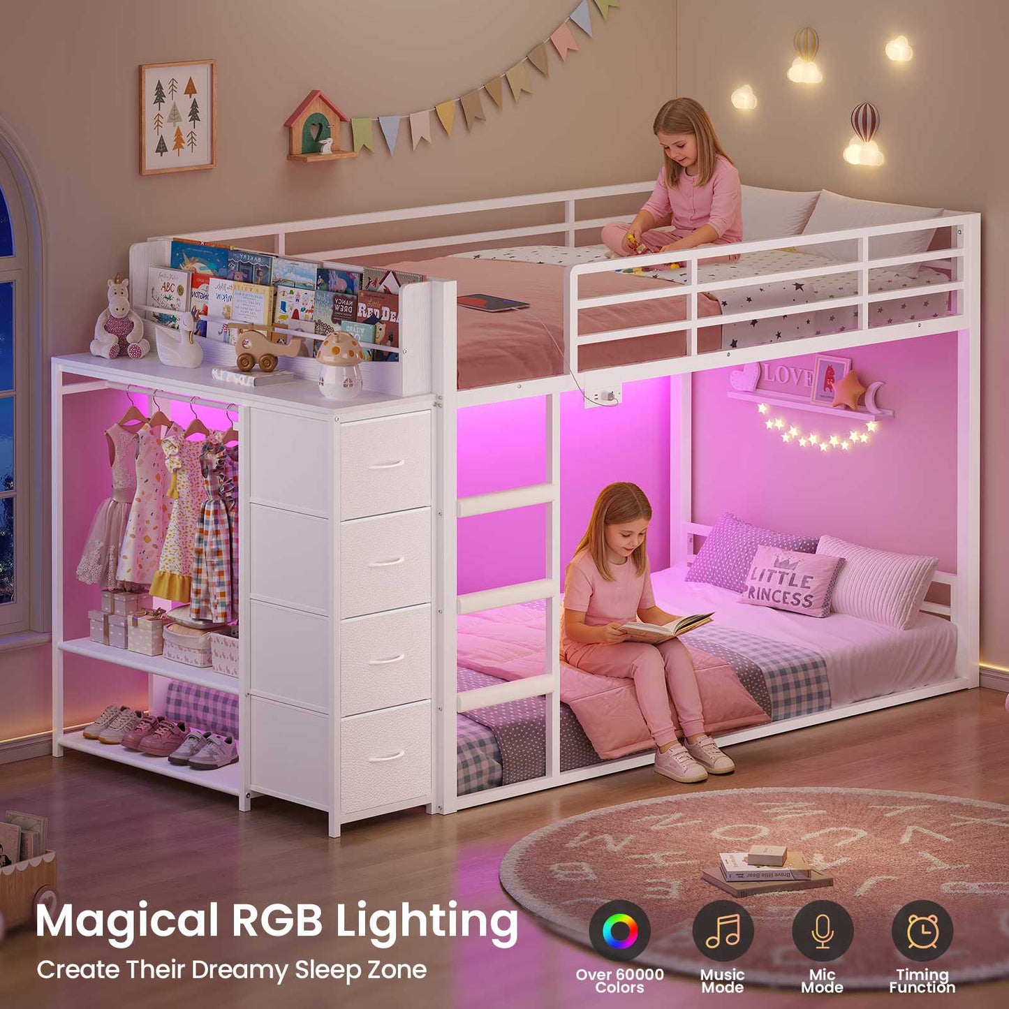 ADORNEVE Bunk Bed Twin Over Twin with Bookshelf and 4 Storage Drawers Clothing Shelves Metal Kids RGB Lights Bunk Bed with Power Outlet and Guardrail Ladder