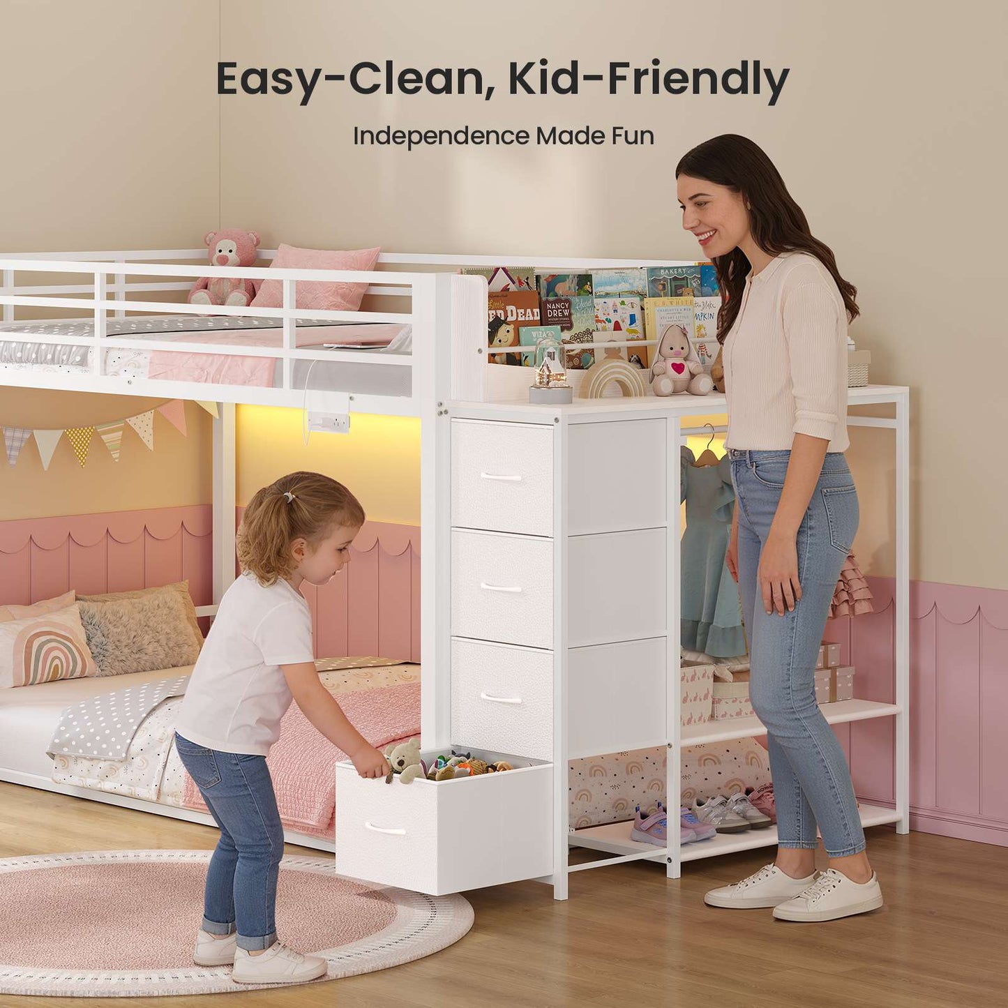 ADORNEVE Bunk Bed Twin Over Twin with Bookshelf and 4 Storage Drawers Clothing Shelves Metal Kids RGB Lights Bunk Bed with Power Outlet and Guardrail Ladder