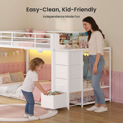 ADORNEVE Bunk Bed Twin Over Twin with Bookshelf and 4 Storage Drawers Clothing Shelves Metal Kids RGB Lights Bunk Bed with Power Outlet and Guardrail Ladder