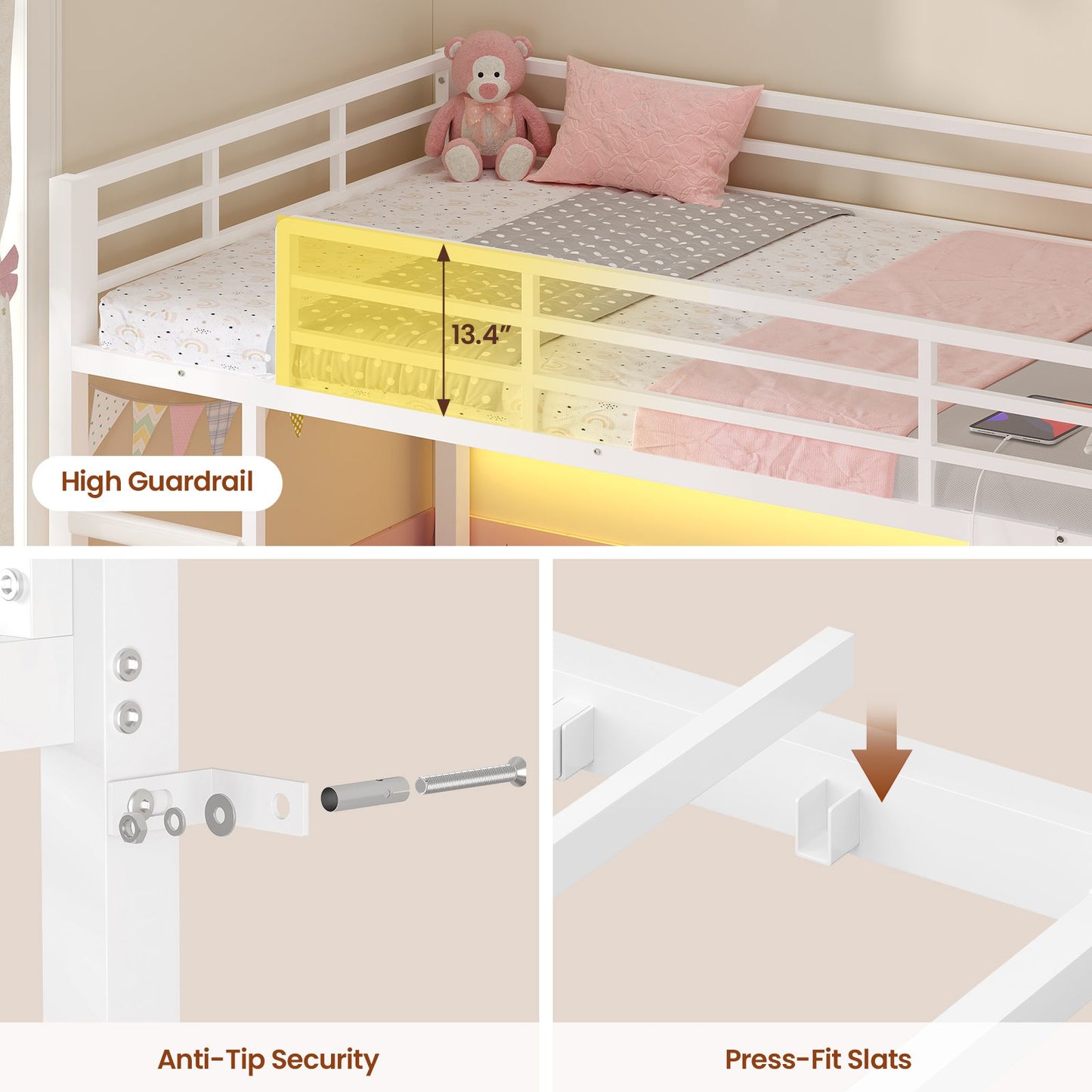 ADORNEVE Bunk Bed Twin Over Twin with Bookshelf and 4 Storage Drawers Clothing Shelves Metal Kids RGB Lights Bunk Bed with Power Outlet and Guardrail Ladder