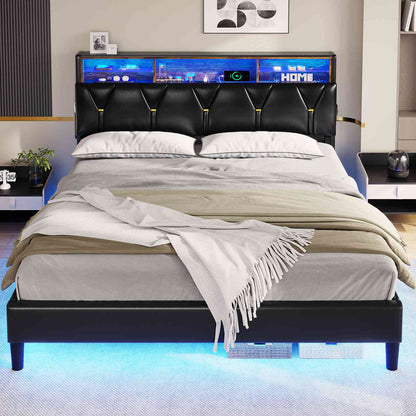 ADORNEVE Bed Frame Queen Size with Storage Headboard and Charging Station Led Bed Frame with Velvet Upholstered Bed Platform with Solid Wood Slats