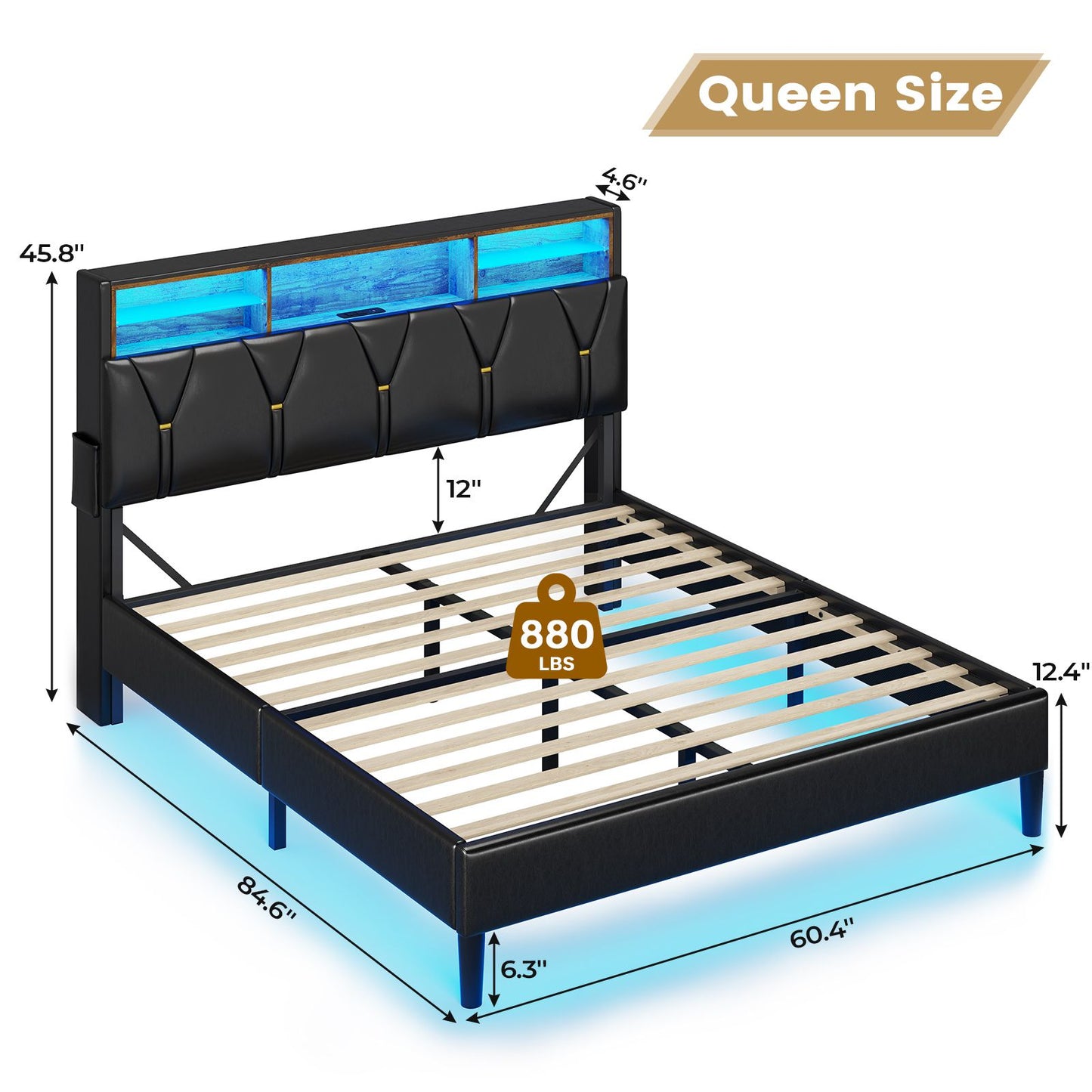 ADORNEVE Bed Frame Queen Size with Storage Headboard and Charging Station Led Bed Frame with Velvet Upholstered Bed Platform with Solid Wood Slats