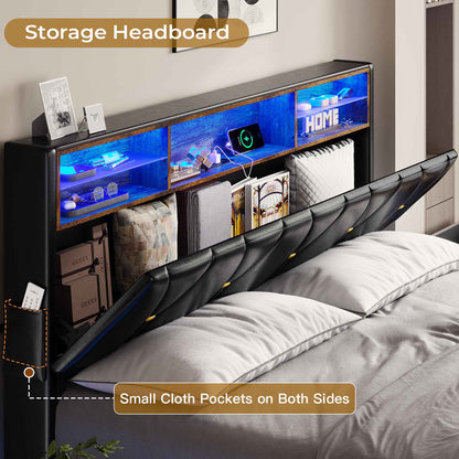 ADORNEVE Bed Frame Queen Size with Storage Headboard and Charging Station Led Bed Frame with Velvet Upholstered Bed Platform with Solid Wood Slats