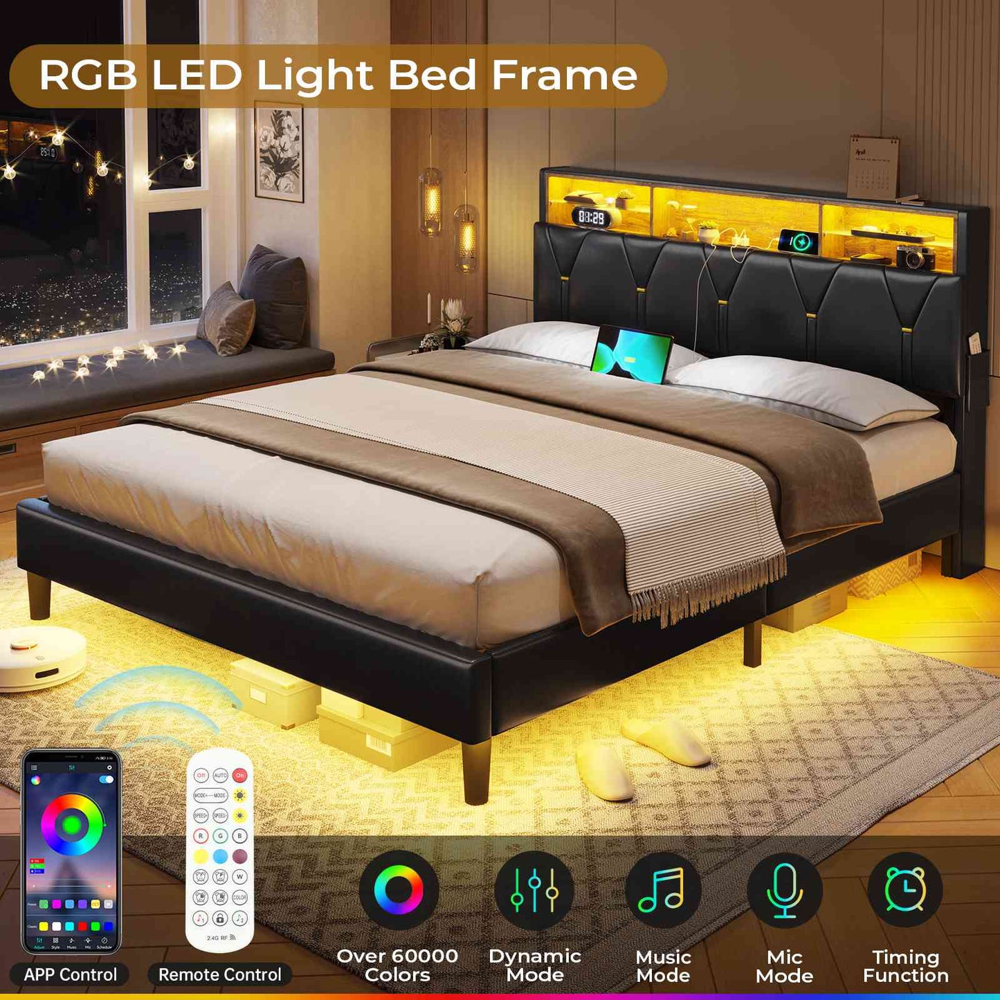 ADORNEVE Bed Frame Queen Size with Storage Headboard and Charging Station Led Bed Frame with Velvet Upholstered Bed Platform with Solid Wood Slats