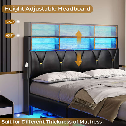 ADORNEVE Bed Frame Queen Size with Storage Headboard and Charging Station Led Bed Frame with Velvet Upholstered Bed Platform with Solid Wood Slats