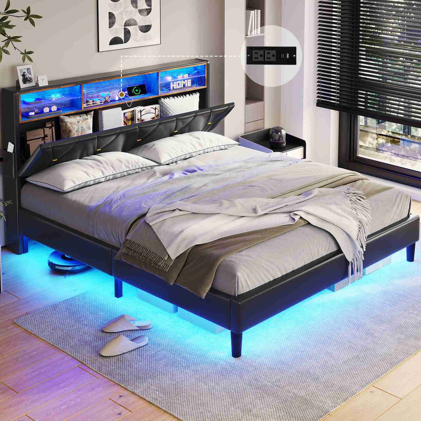 ADORNEVE Bed Frame Queen Size with Storage Headboard and Charging Station Led Bed Frame with Velvet Upholstered Bed Platform with Solid Wood Slats
