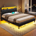 ADORNEVE Bed Frame Queen Size with Storage Headboard and Charging Station Led Bed Frame with Velvet Upholstered Bed Platform with Solid Wood Slats