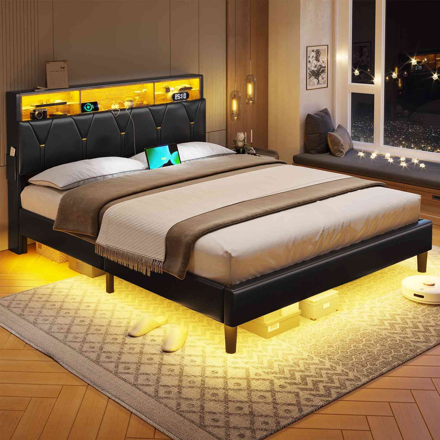 ADORNEVE Bed Frame Queen Size with Storage Headboard and Charging Station Led Bed Frame with Velvet Upholstered Bed Platform with Solid Wood Slats