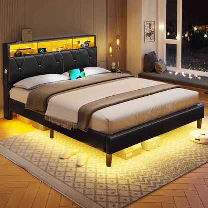 ADORNEVE Bed Frame Queen Size with Storage Headboard and Charging Station Led Bed Frame with Velvet Upholstered Bed Platform with Solid Wood Slats