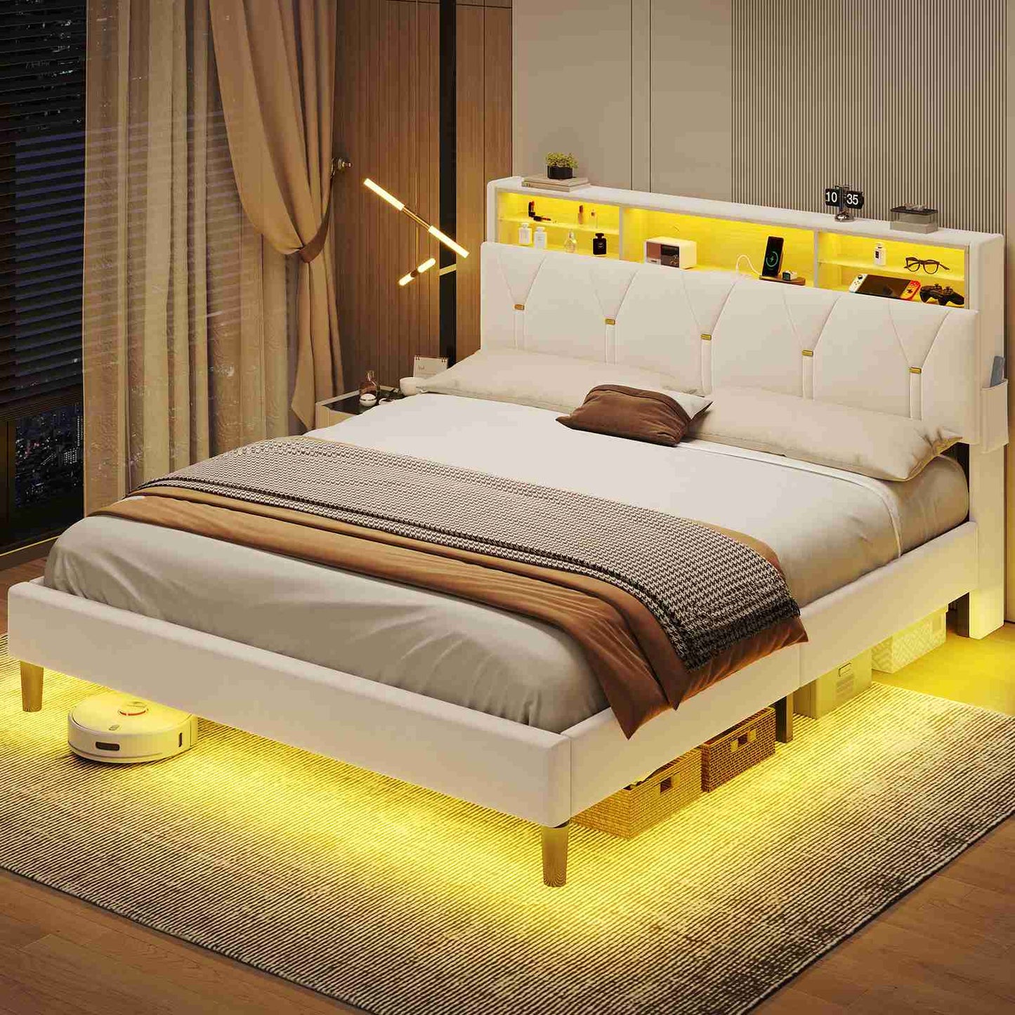 ADORNEVE Bed Frame Queen Size with Storage Headboard and Charging Station Led Bed Frame with Velvet Upholstered Bed Platform with Solid Wood Slats