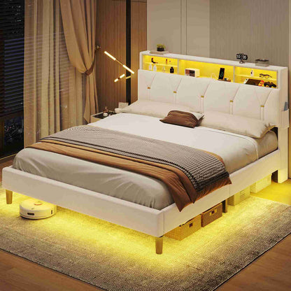 ADORNEVE Bed Frame Queen Size with Storage Headboard and Charging Station Led Bed Frame with Velvet Upholstered Bed Platform with Solid Wood Slats