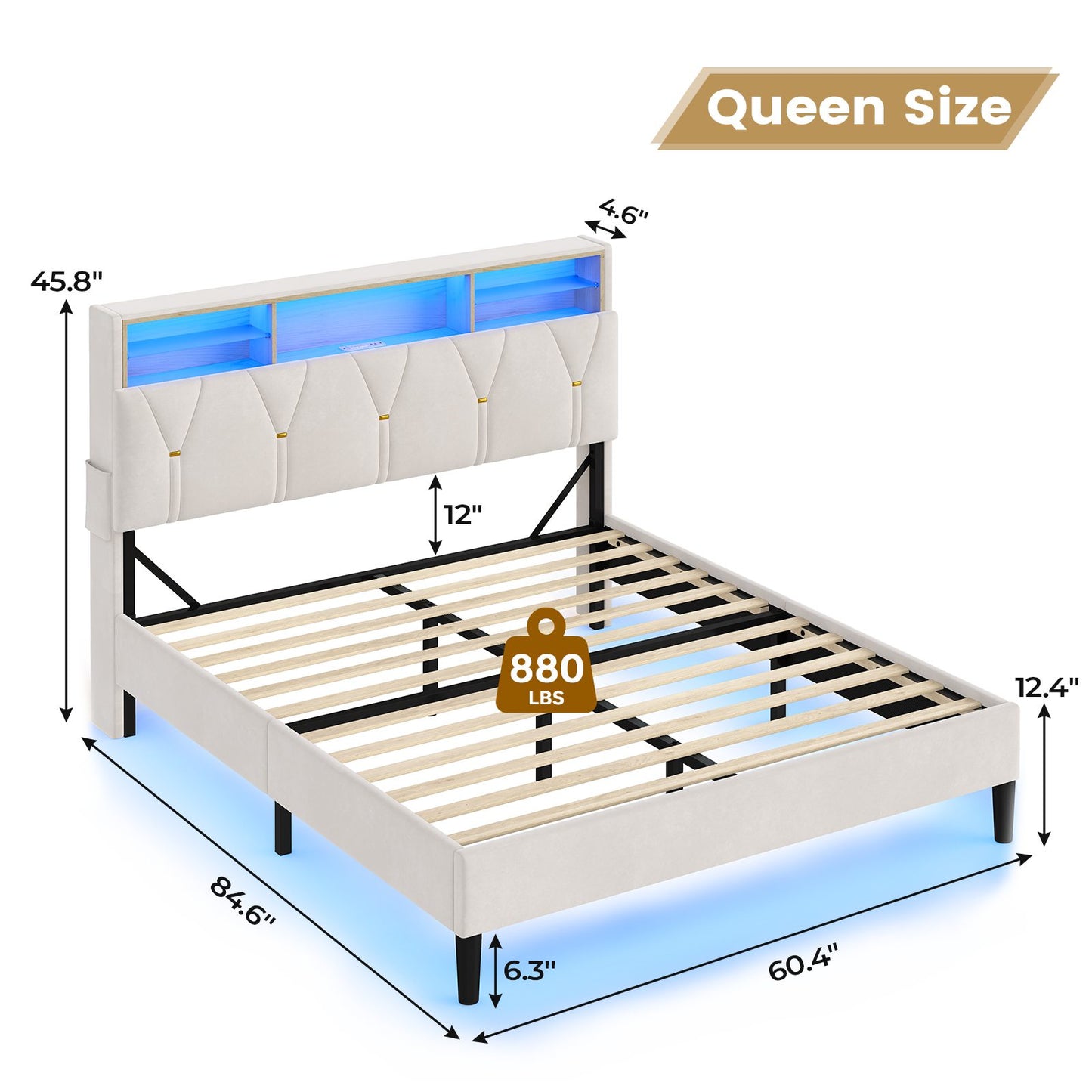 ADORNEVE Bed Frame Queen Size with Storage Headboard and Charging Station Led Bed Frame with Velvet Upholstered Bed Platform with Solid Wood Slats