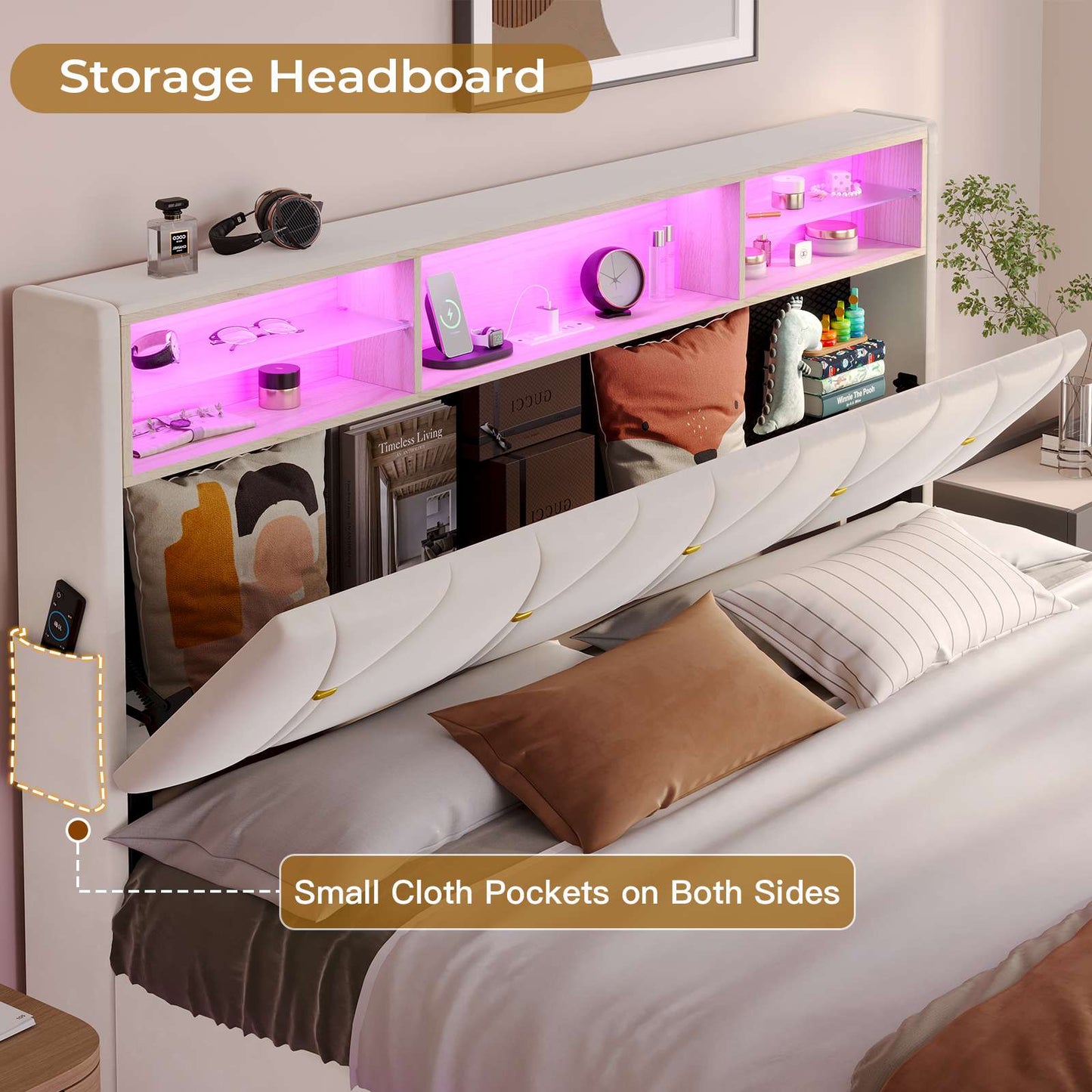 ADORNEVE Bed Frame Queen Size with Storage Headboard and Charging Station Led Bed Frame with Velvet Upholstered Bed Platform with Solid Wood Slats