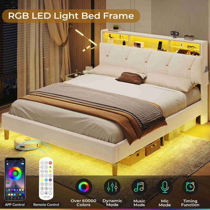 ADORNEVE Bed Frame Queen Size with Storage Headboard and Charging Station Led Bed Frame with Velvet Upholstered Bed Platform with Solid Wood Slats