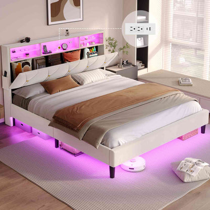 ADORNEVE Bed Frame Queen Size with Storage Headboard and Charging Station Led Bed Frame with Velvet Upholstered Bed Platform with Solid Wood Slats