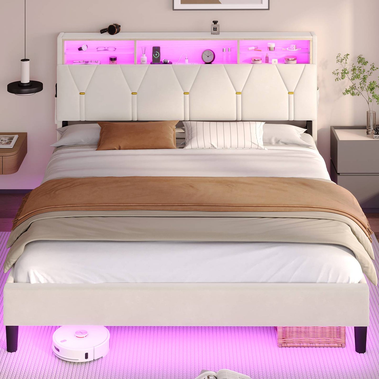 ADORNEVE Bed Frame Queen Size with Storage Headboard and Charging Station Led Bed Frame with Velvet Upholstered Bed Platform with Solid Wood Slats