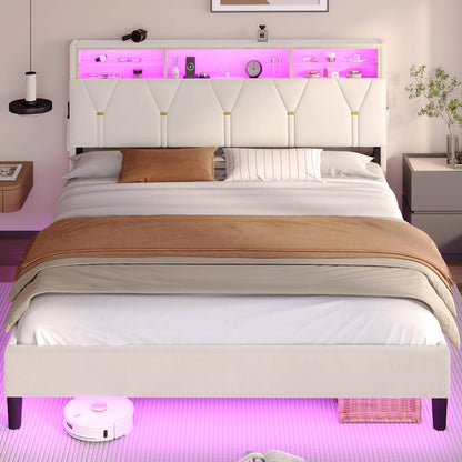 ADORNEVE Bed Frame Queen Size with Storage Headboard and Charging Station Led Bed Frame with Velvet Upholstered Bed Platform with Solid Wood Slats