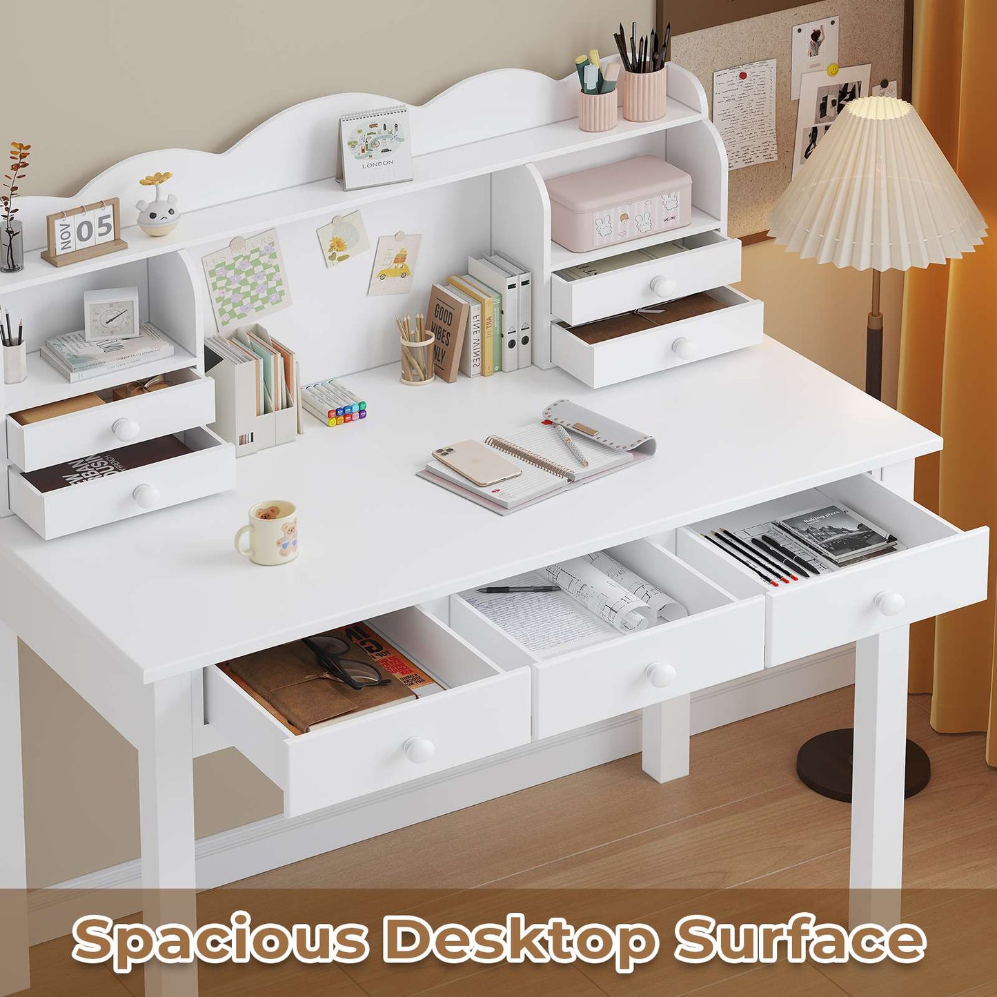 ADORNEVE Writing Desk with 7 Drawers and Hutch 36.2 Inch Home Office Student Desk Study Table with Solid Pine Wood Legs
