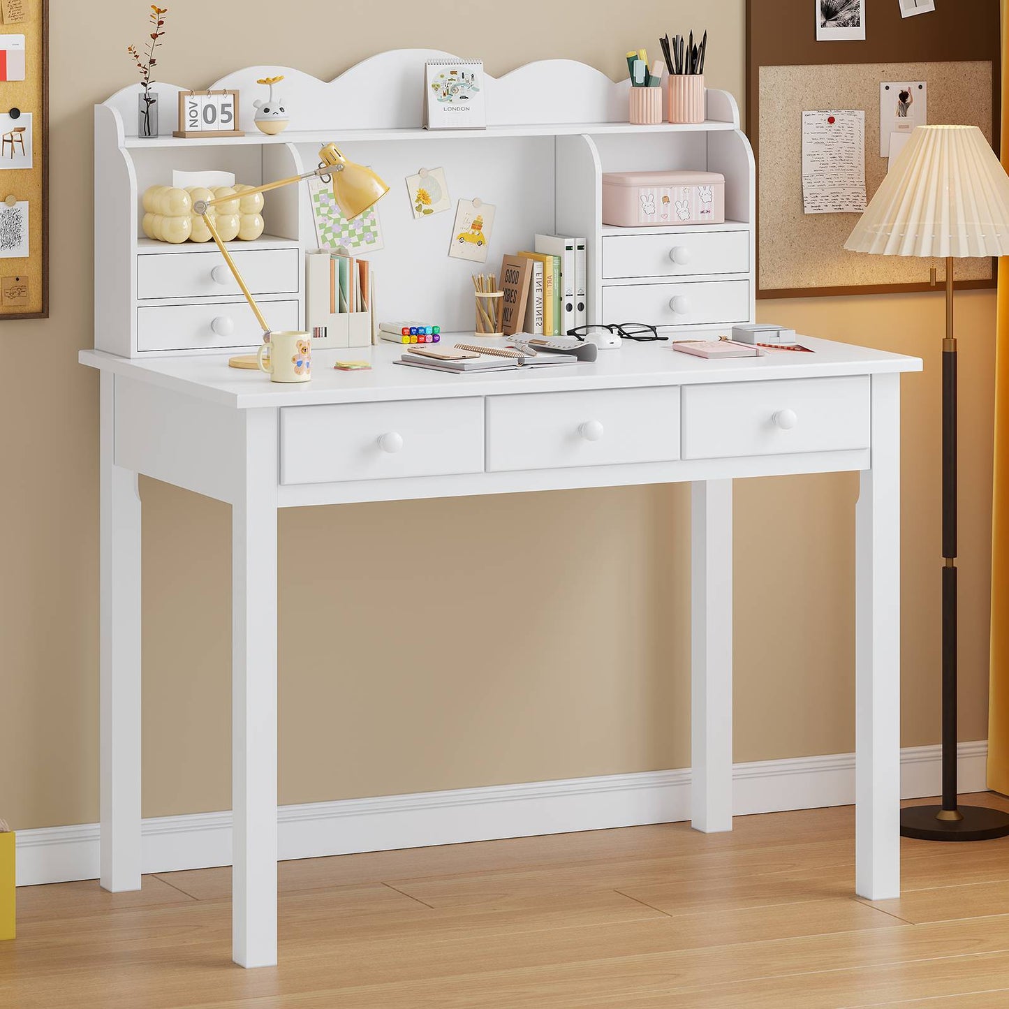 ADORNEVE Writing Desk with 7 Drawers and Hutch 36.2 Inch Home Office Student Desk Study Table with Solid Pine Wood Legs