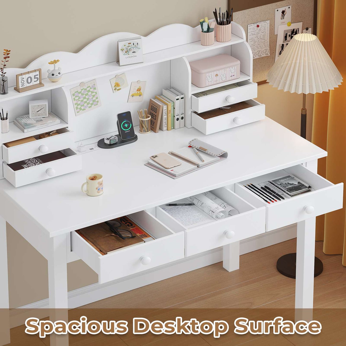 ADORNEVE 36.2 Inch Writing Desk with USB Port and 7 Drawers Hutch Study Table Computer Desk with Storage Shelf and Hutch