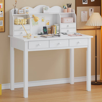 ADORNEVE 36.2 Inch Writing Desk with USB Port and 7 Drawers Hutch Study Table Computer Desk with Storage Shelf and Hutch