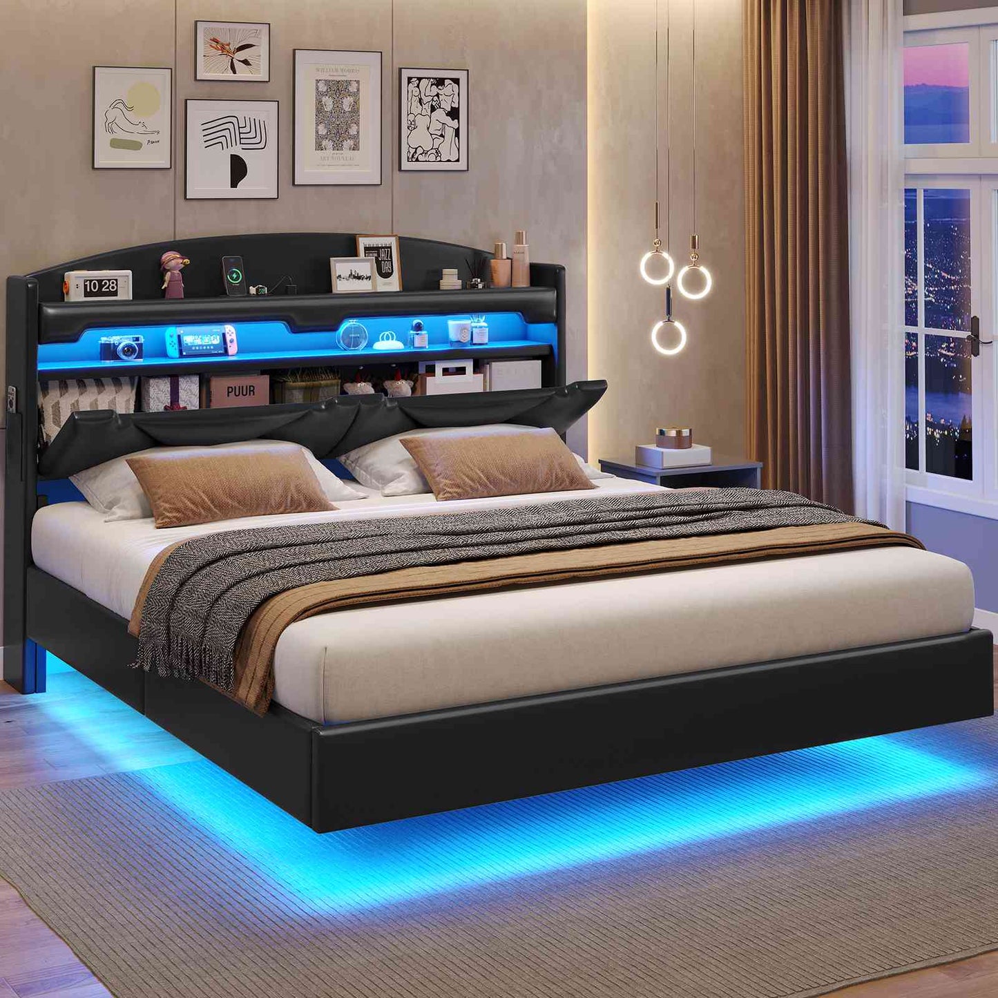 ADORNEVE Floating Bed Frame Queen Size with USB-C/A Charging Station LED Bed Frame with Storage Headboard Upholstered Platform Bed with Shelves