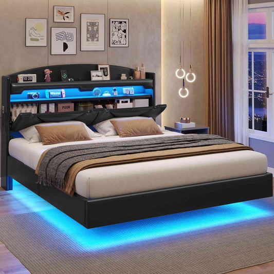 ADORNEVE Floating Bed Frame Queen Size with USB-C/A Charging Station LED Bed Frame with Storage Headboard Upholstered Platform Bed with Shelves
