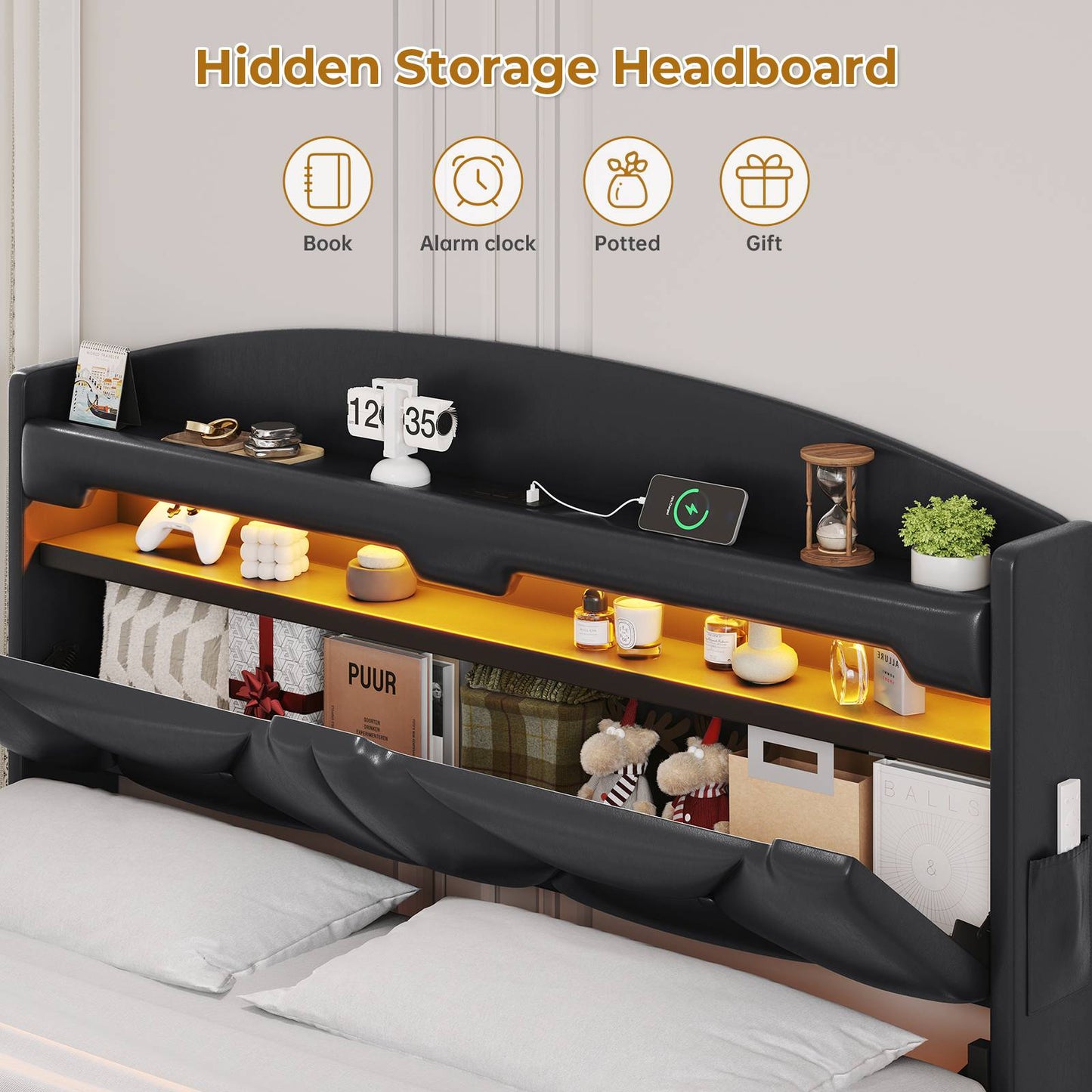 ADORNEVE Floating Bed Frame Queen Size with USB-C/A Charging Station LED Bed Frame with Storage Headboard Upholstered Platform Bed with Shelves