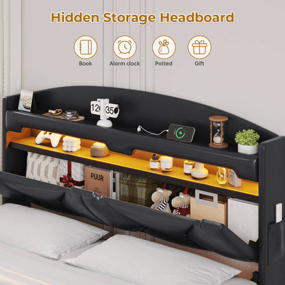 ADORNEVE Floating Bed Frame Queen Size with USB-C/A Charging Station LED Bed Frame with Storage Headboard Upholstered Platform Bed with Shelves