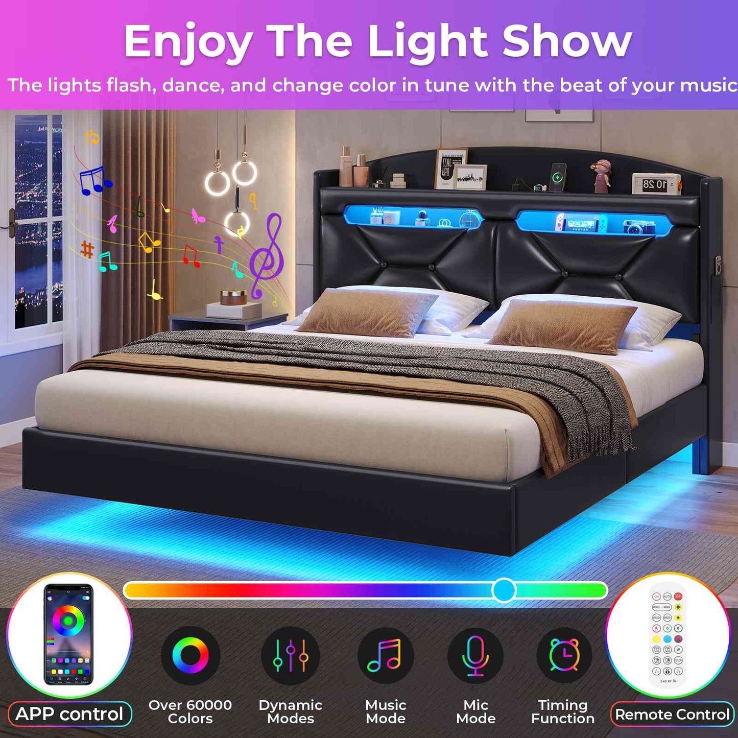 ADORNEVE Floating Bed Frame Queen Size with USB-C/A Charging Station LED Bed Frame with Storage Headboard Upholstered Platform Bed with Shelves