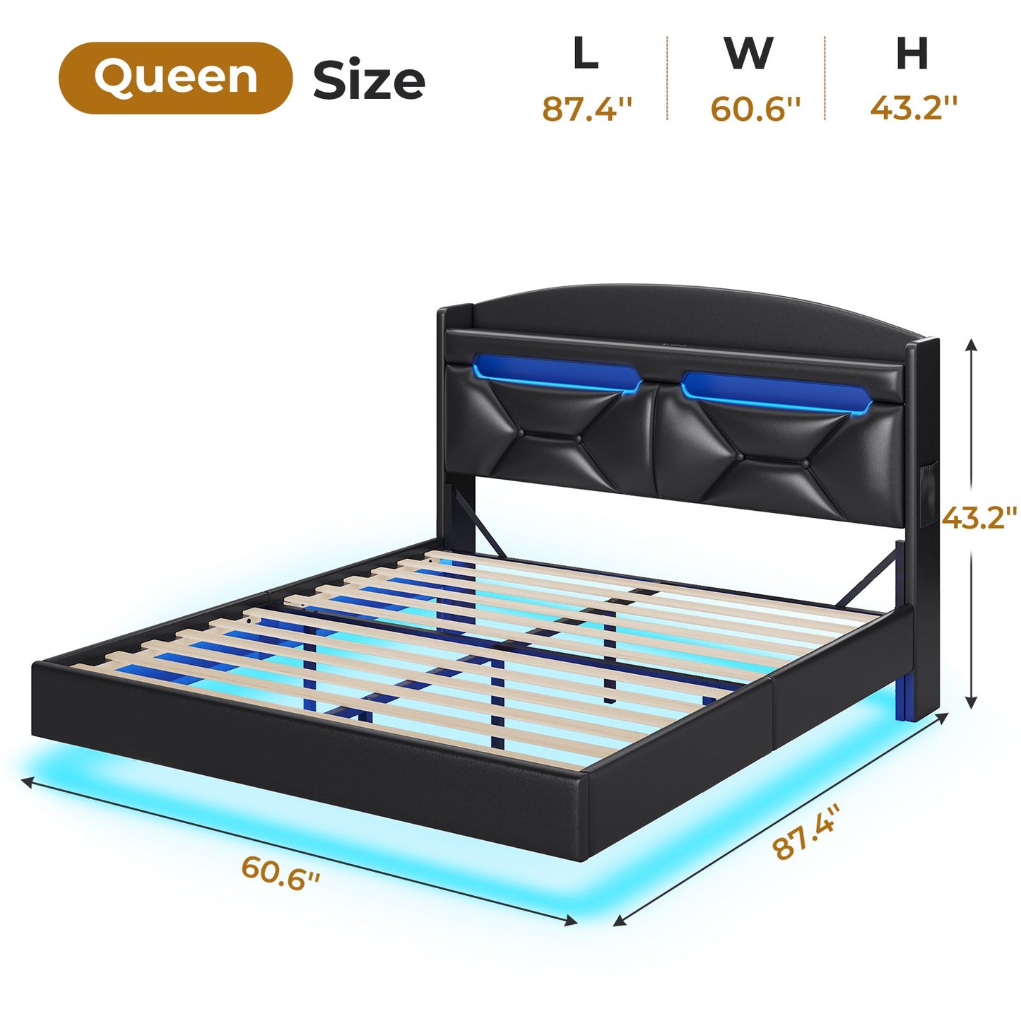 ADORNEVE Floating Bed Frame Queen Size with USB-C/A Charging Station LED Bed Frame with Storage Headboard Upholstered Platform Bed with Shelves