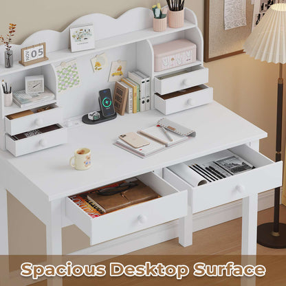 ADORNEVE 31.5 Inch Writing Desk with Hutch and USB Ports Kids Student Home Office Desk Study Table with Drawers Makeup Dressing Table