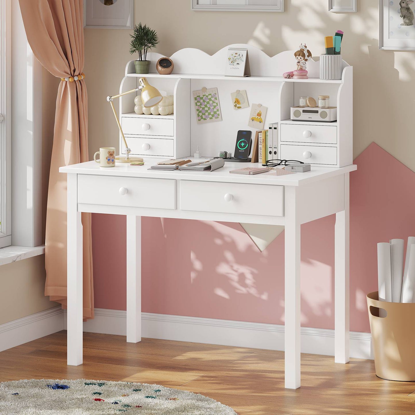 ADORNEVE 31.5 Inch Writing Desk with Hutch and USB Ports Kids Student Home Office Desk Study Table with Drawers Makeup Dressing Table