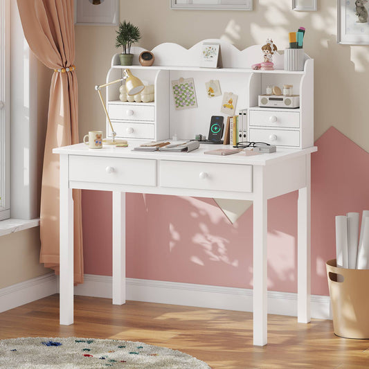 ADORNEVE 31.5 Inch Writing Desk with Hutch and USB Ports Kids Student Home Office Desk Study Table with Drawers Makeup Dressing Table