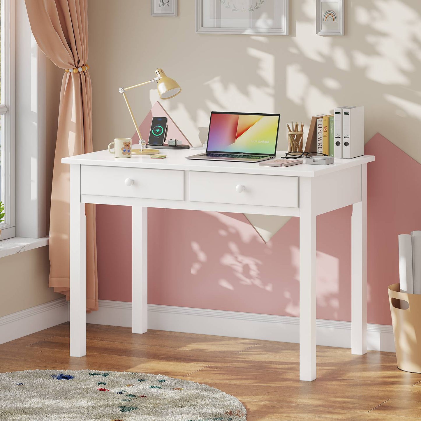 ADORNEVE 31.5 Inch Writing Desk with Hutch and USB Ports Kids Student Home Office Desk Study Table with Drawers Makeup Dressing Table