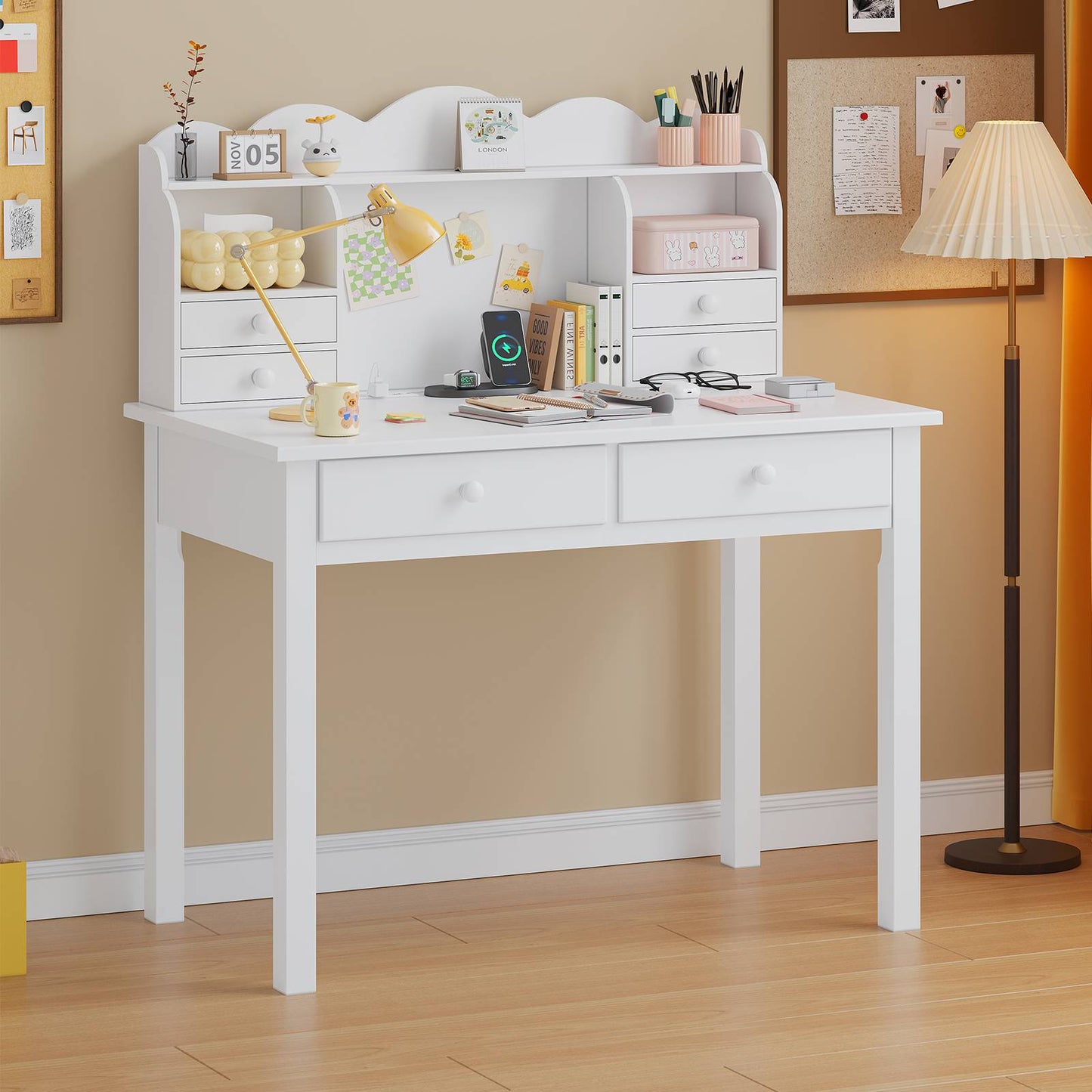 ADORNEVE 31.5 Inch Writing Desk with Hutch and USB Ports Kids Student Home Office Desk Study Table with Drawers Makeup Dressing Table