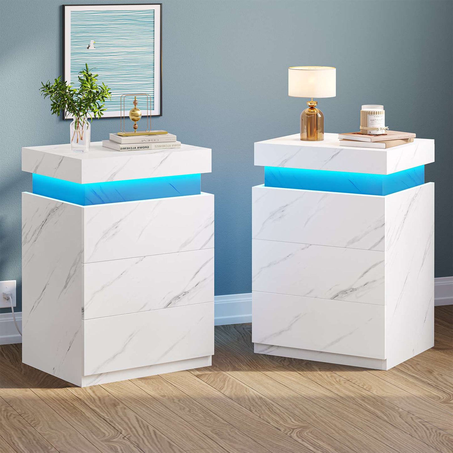 ADORNEVE Nightstand with Charging Station and LED Lights for Bedroom Bedside Table with Sliding Top and Drawers