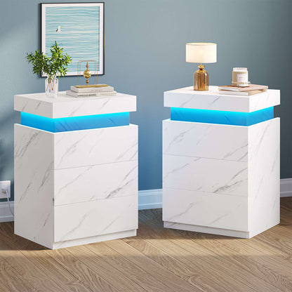 ADORNEVE Nightstand with Charging Station and LED Lights for Bedroom Bedside Table with Sliding Top and Drawers