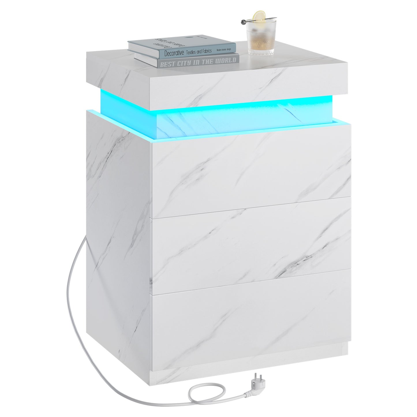 ADORNEVE Nightstand with Charging Station and LED Lights for Bedroom Bedside Table with Sliding Top and Drawers