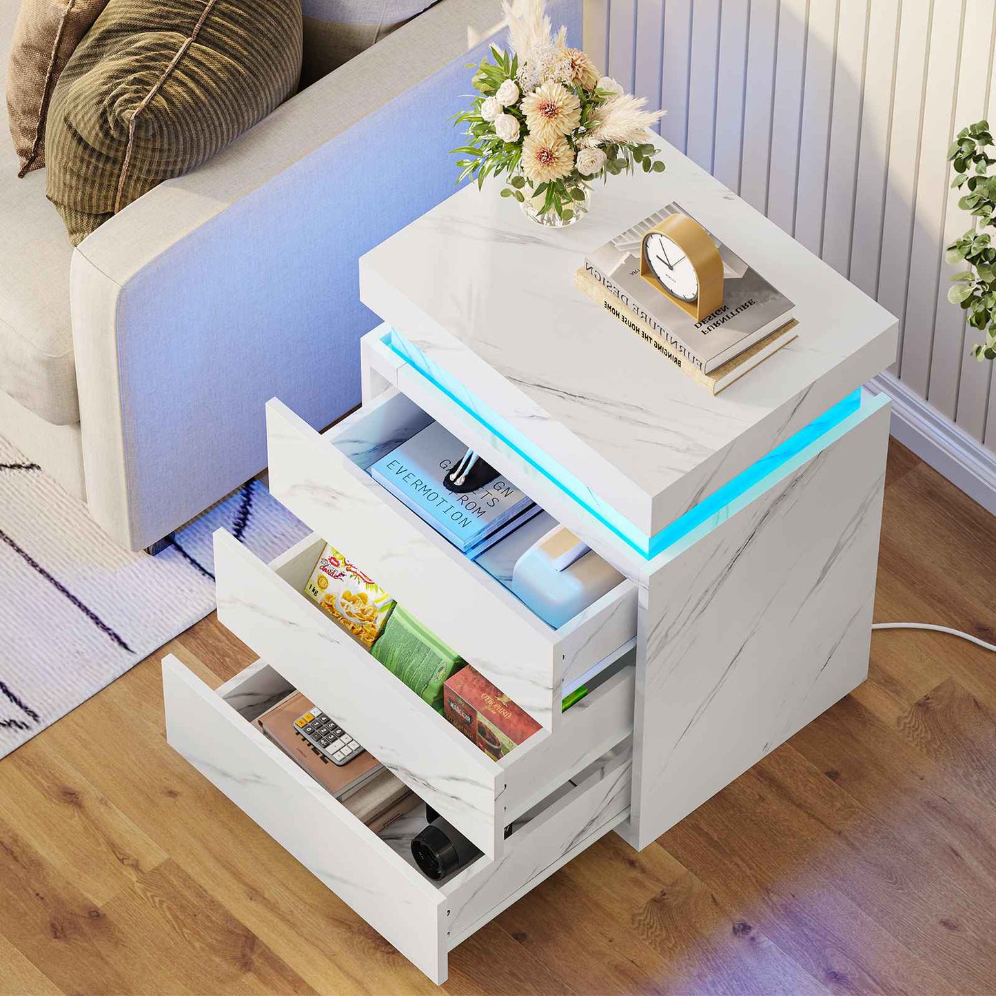 ADORNEVE Nightstand with Charging Station and LED Lights for Bedroom Bedside Table with Sliding Top and Drawers