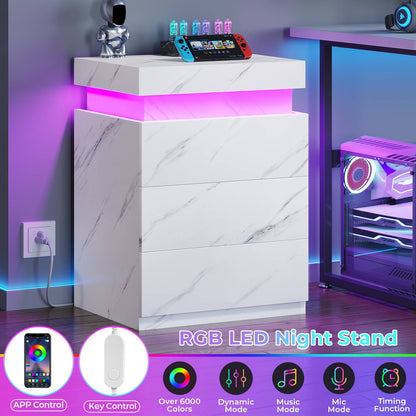 ADORNEVE Nightstand with Charging Station and LED Lights for Bedroom Bedside Table with Sliding Top and Drawers