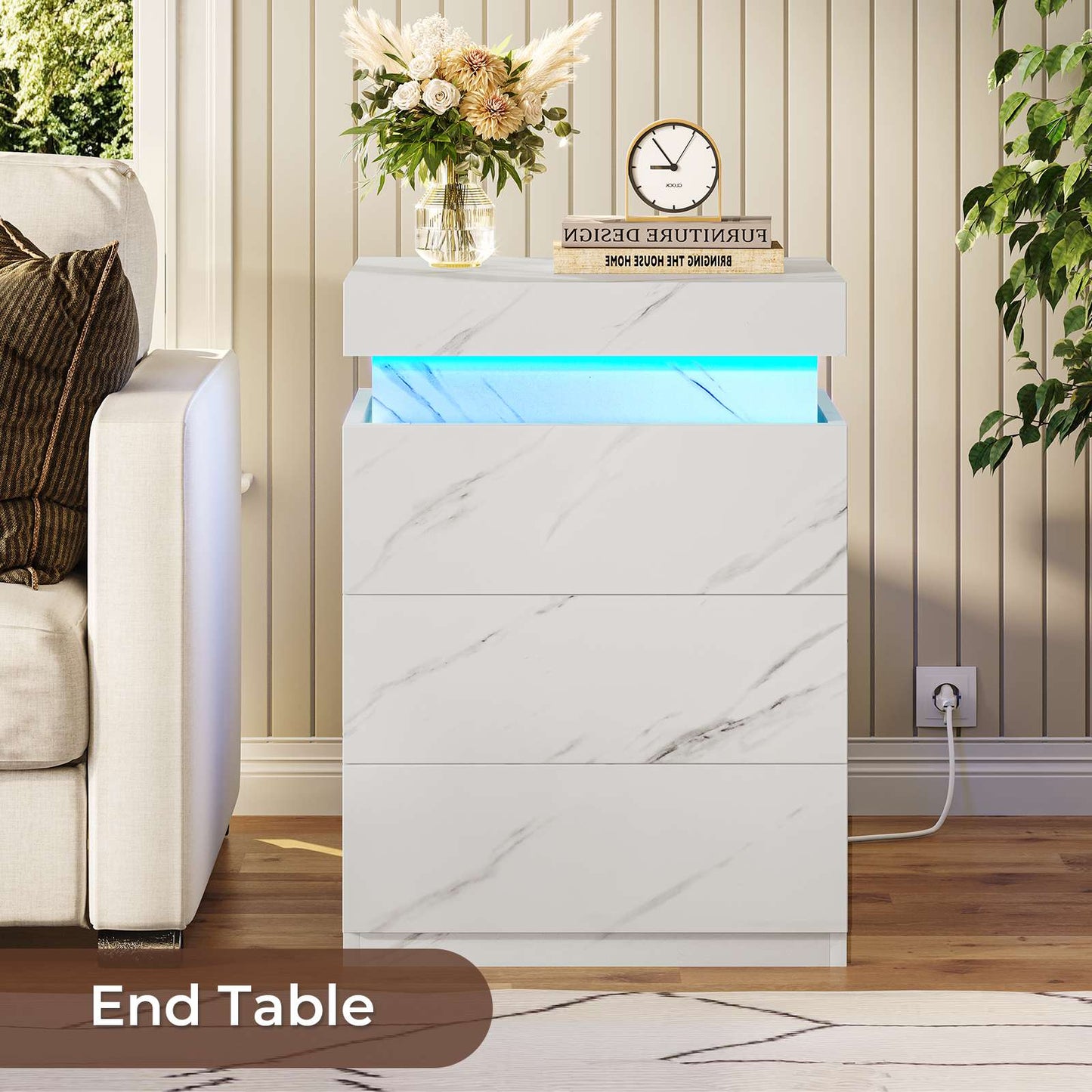 ADORNEVE Nightstand with Charging Station and LED Lights for Bedroom Bedside Table with Sliding Top and Drawers