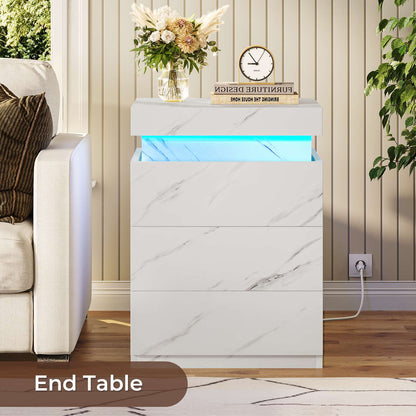 ADORNEVE Nightstand with Charging Station and LED Lights for Bedroom Bedside Table with Sliding Top and Drawers