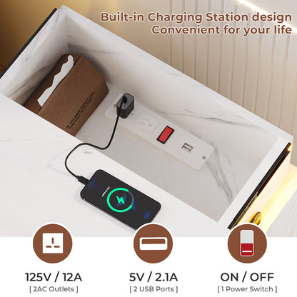 ADORNEVE Nightstand with Charging Station and LED Lights for Bedroom Bedside Table with Sliding Top and Drawers